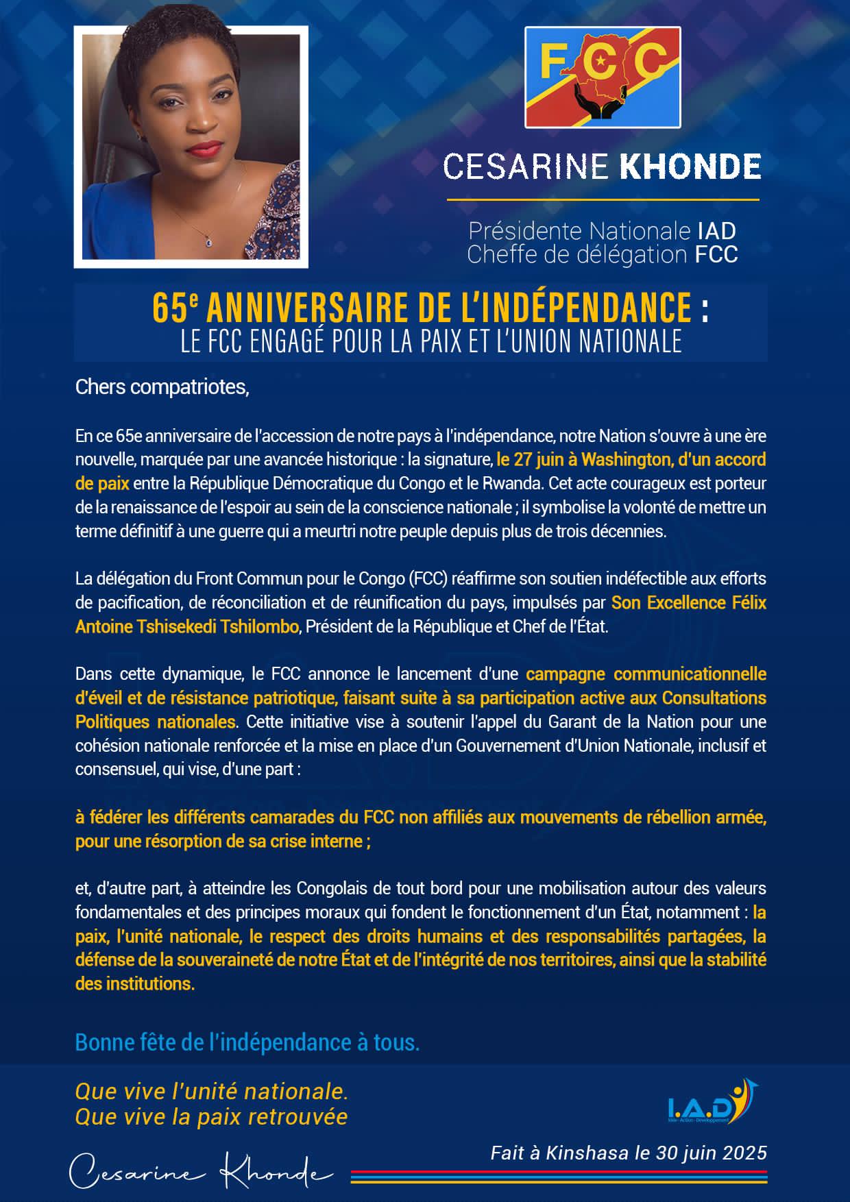 IMG-20250630-WA0263 Fête de l'indépendance : la cheffe de la délégation du FCC Césarine Khonde réaffirme son soutien aux efforts de paix menés par Félix Tshisekedi