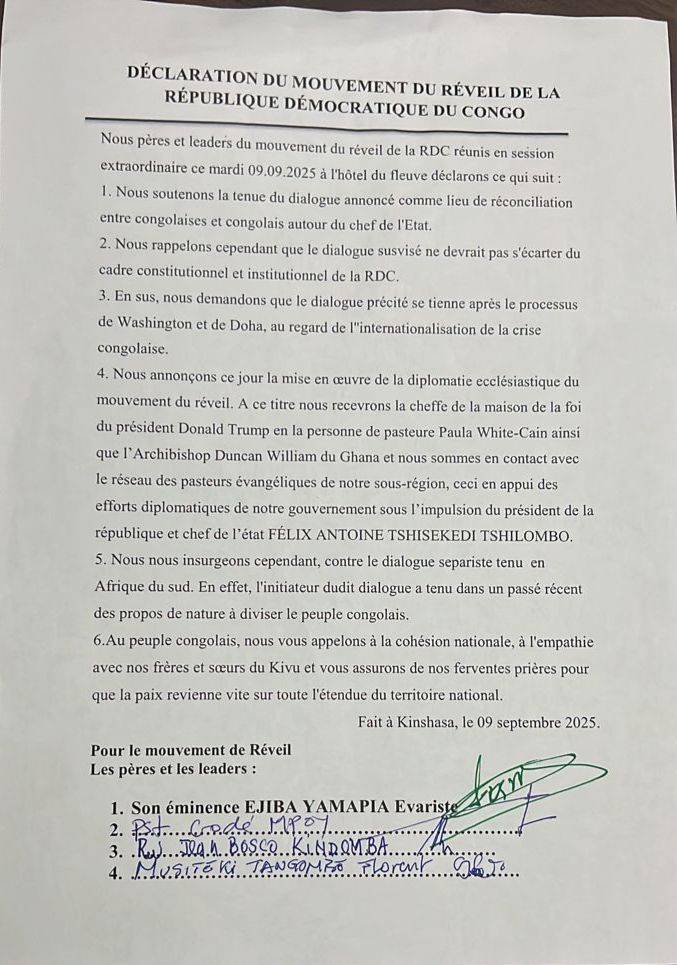 IMG-20250910-WA0123 RDC : le mouvement du réveil insiste sur le respect du cadre constitutionnel et institutionnel lors du dialogue national